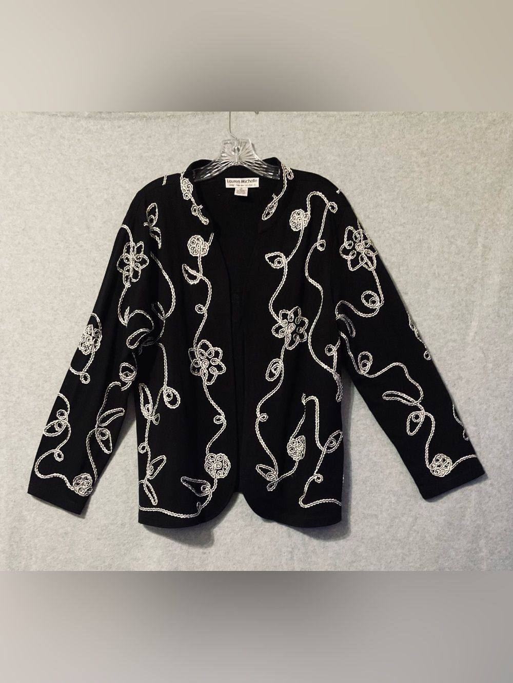 Lauren Michelle Black Sweater Cardigan with White Floral Embroidery SZ XL